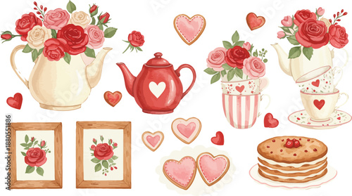 Watercolor valentine s day still life with flowers hearts and pancakes