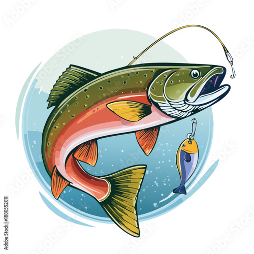Pike perch fish caught on a hook with a fishing rod in a simple cartoon vector style