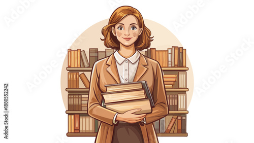 Friendly librarian holding books in library setting