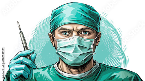 Focused Surgeon in Medical Scrubs and Mask
