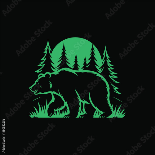 Green Bear Silhouette in Forest Backdrop With Sunset Circle