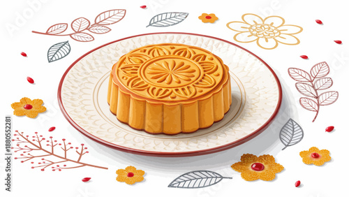 Golden Mooncake on Decorative Plate with Festive Accents
