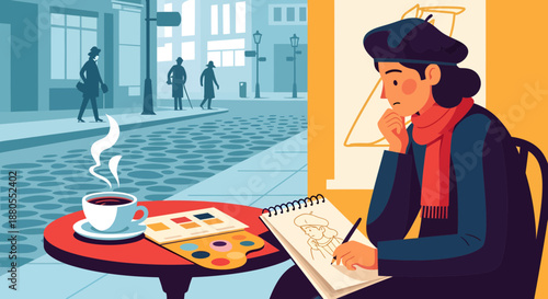 Woman sitting with coffee and notebook.