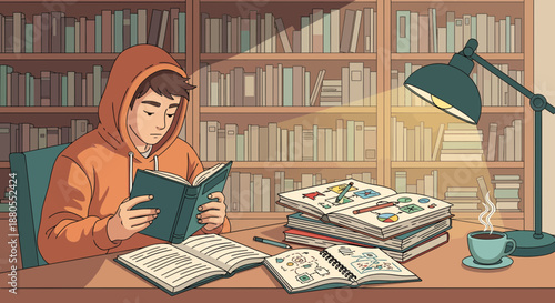 Young adult reading a book indoors.