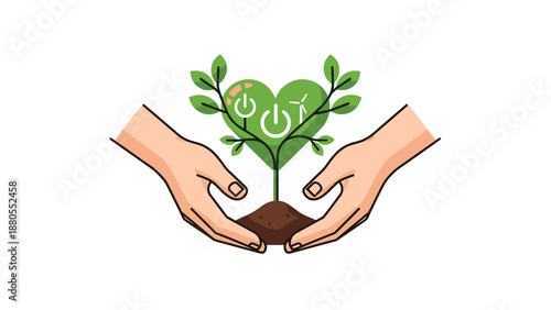 Hands Nurturing a Heart Shaped Plant with Arabic Calligraphy, Generative AI.
