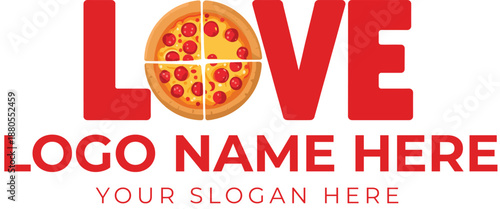 Pizza love logo vector with red “LOVE” text and pizza slice replacing “O” for food branding or restaurant identity