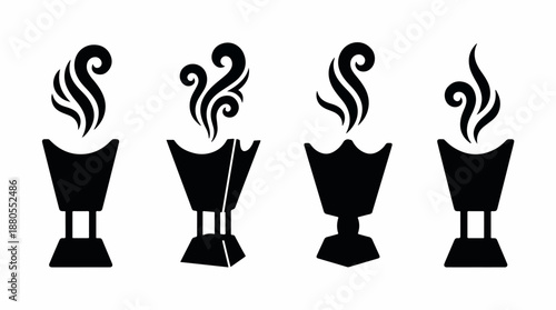 Set of four black silhouette incense burners with smoke 1.