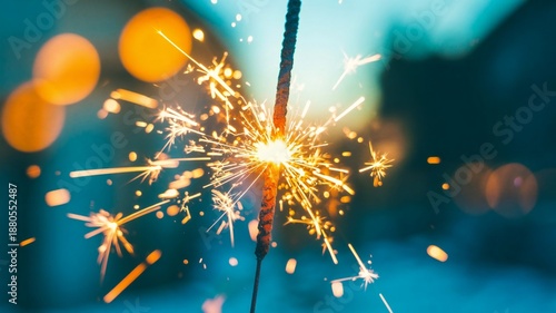 Illuminated sparkler in night sky