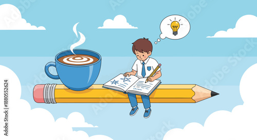 Boy sitting on giant pencil reading.