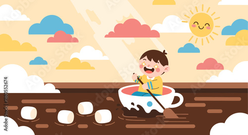 Cartoon Boy Sitting in Teacup Swimming.