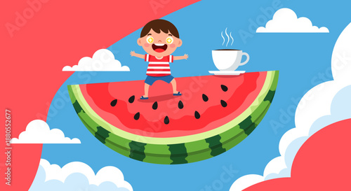 Cartoon boy on watermelon slice.