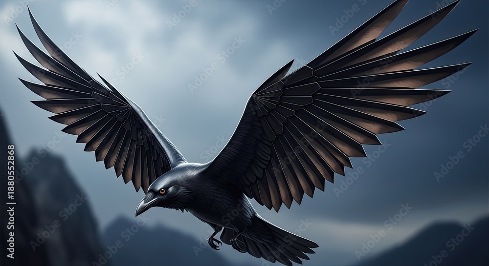 Naklejka premium Majestic Black Raven Soaring Through Cloudy Skies, Symbol of Mystery and Freedom