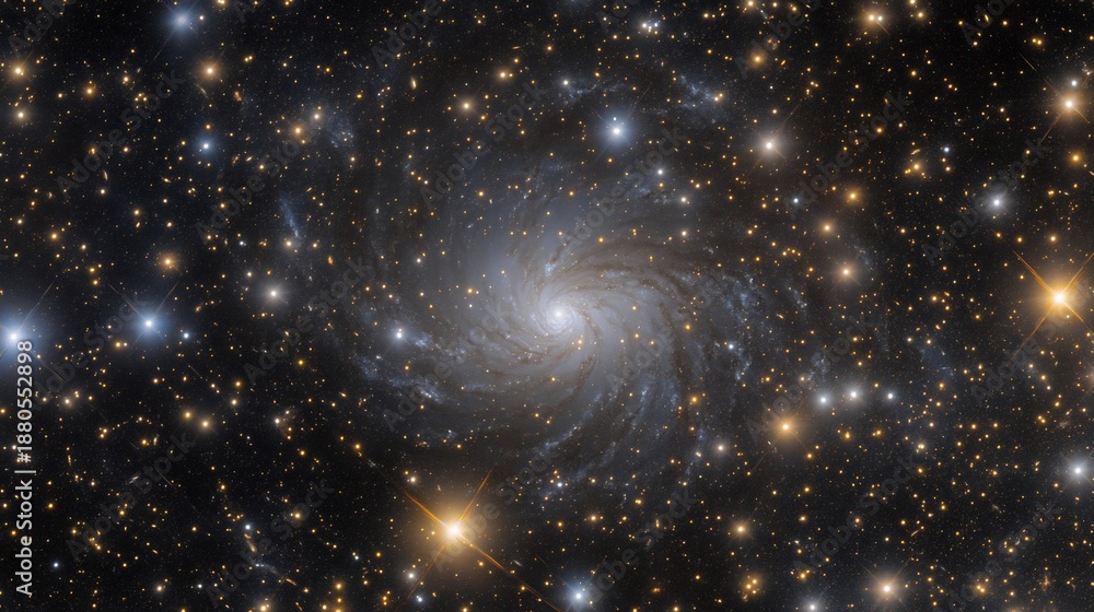 Naklejka premium Serene view of an open star field with sparkling stars of various sizes and brightness surrounded by faint cosmic clouds and interstellar matter gently illuminating the galaxy
