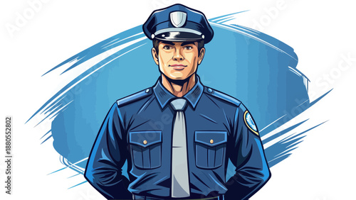 Police Officer Standing Confidently with Blue Background