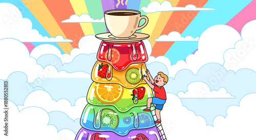 Child climbing colorful toy blocks.