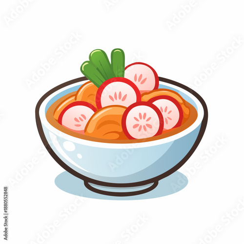 A visually appealing illustration of a delicious bowl of hearty stew, garnished with fresh radishes and green herbs