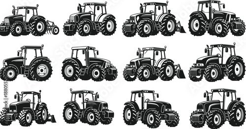 Agricultural tractor silhouettes set, black and white vector illustration of modern farm machinery and heavy equipment for harvesting and field work cultivation isolated