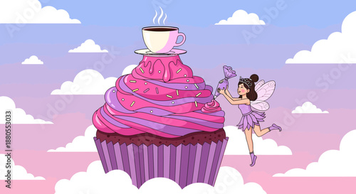 Fairy standing beside large pink cupcake.
