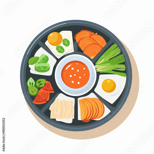 A delicious and healthy Asian-inspired bento box filled with fresh ingredients like sliced carrots, leafy greens, sliced meat, tofu, and a fried egg with dipping sauce