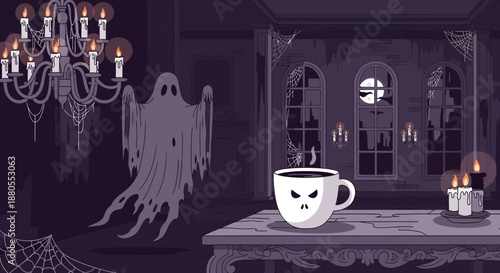 Ghost hovering near coffee cup table.