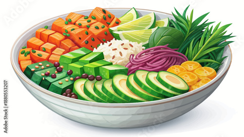 Vibrant Vegan Poke Bowl With Salmon And Avocado