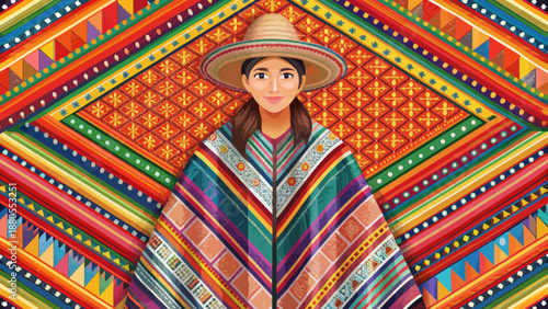 Woman Wearing Colorful Andean Poncho and Hat
