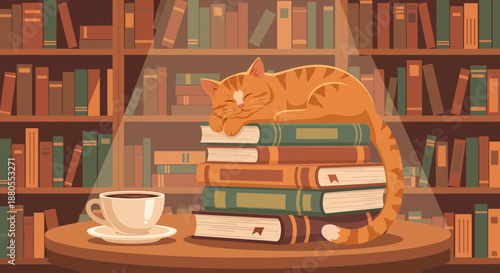 Orange Cat Sleeping on Books.