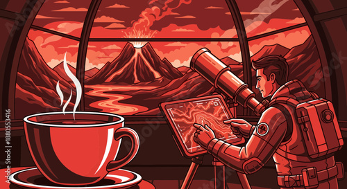 Robot holding a book and telescope.