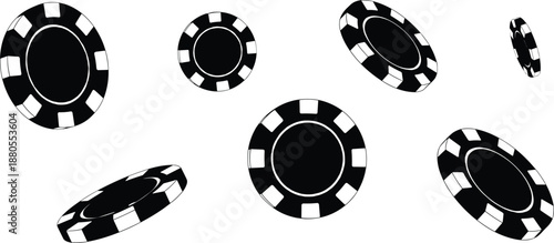 Black and white falling poker chips vector illustration, isolated casino gambling tokens in various perspectives, elegant betting elements for gaming design projects
