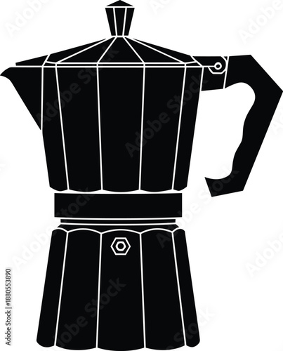 Black and white vector illustration of a classic Italian moka pot coffee maker icon, stovetop espresso brewer isolated on a white background,