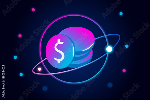 Futuristic FinTech Coin Icon With Neon Dollar Symbol And Planet Orbit Digital Payments Concept