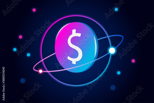 Futuristic FinTech Digital Currency Icon With Neon Dollar Planet Orbit And Crypto Payments Concept