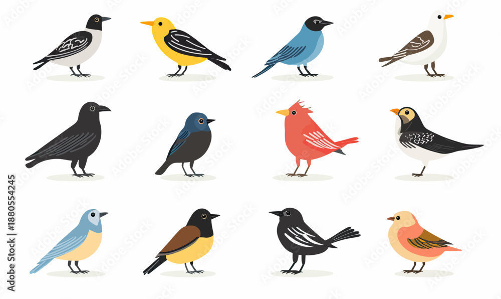 Fototapeta premium Collection of colorful city birds icons flat minimalist vector illustration featuring diverse urban bird species standing on white background