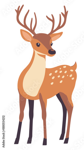 Cute standing deer with large antlers and white spots on back in flat minimalist vector style on white background for wildlife and nature illustrations concept