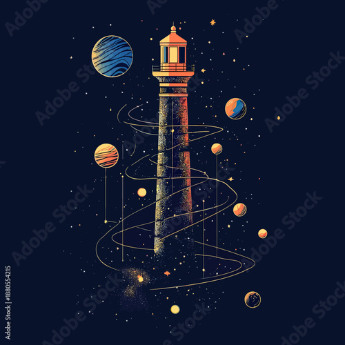 Lighthouse surrounded by orbiting planets and stars in cosmic space with spiral light trails flat minimalist vector illustration