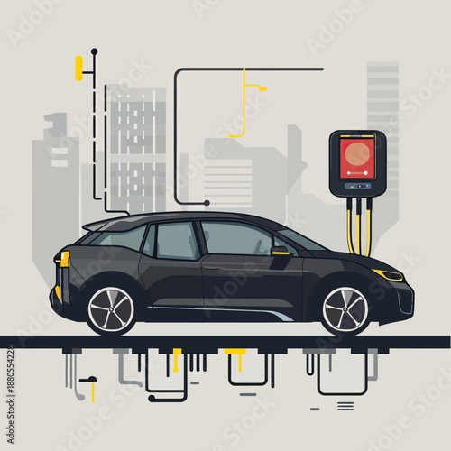 Black modern electric car charging station vector illustration with city skyline and technical wiring diagram in minimalist flat design style for sustainable transport technology concept