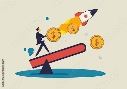 Businessman using seesaw to launch rocket with large gold dollar coins symbolizing economic growth investment and financial boost concept in flat vector style