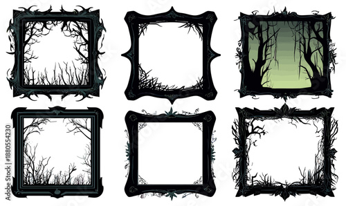 Set of six dark spooky frames with twisted bare tree branches and thorny silhouettes in minimalist flat vector style for Halloween and horror themes
