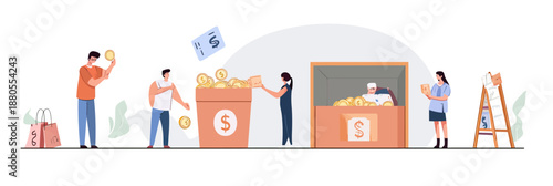 People donating money using coins and credit card to large donation box and fundraiser charity container in flat minimalist vector style illustration
