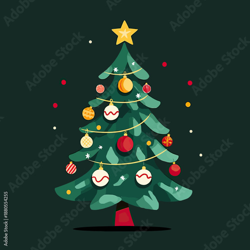 Minimalist flat vector Christmas tree decorated with colorful round ornaments and star topper on dark background holiday design