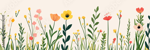 Minimalist hand drawn wildflowers with green stems and leaves in simple flat style colorful spring meadow plants vector illustration background design