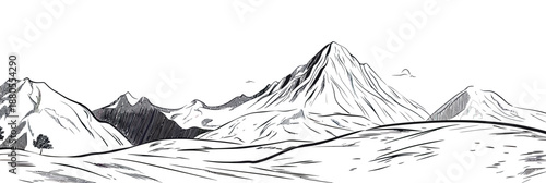 Black and white hand drawn ink sketch of panoramic mountain range landscape with detailed peaks and open valley plain in minimalist style vector illustration