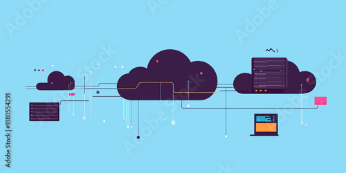Flat vector illustration of cloud computing data storage network with servers, laptop, digital connections, and online technology infrastructure concept design