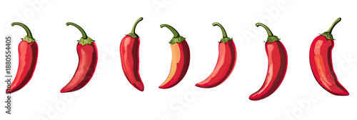 Set of seven red chili peppers in flat minimalist vector style isolated on white background with varying shapes and green stems for spicy food design elements