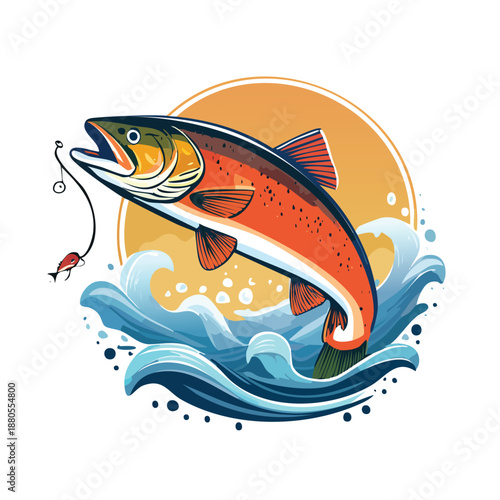 Fish on hook vector illustration in water