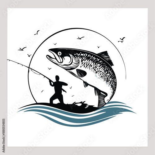 Vector illustration of a cartoon fisherman hook underwater in blue sea water with a salmon fish and pike animal isolated on white for marine nature wildlife