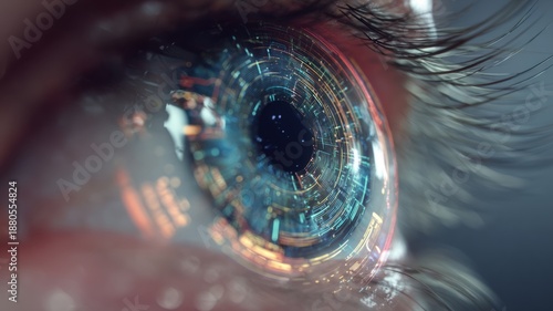 Future woman with cyber technology eye panel concept. AI generated