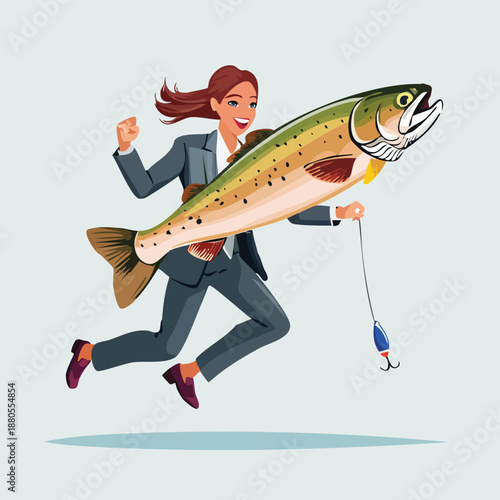 Woman fly fishing in the sky vector illustration