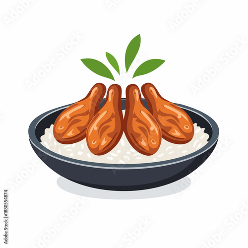 Stylized illustration of a comforting meal concept, featuring perfectly cooked golden chicken drumsticks on fluffy white rice, garnished with vibrant green leaves