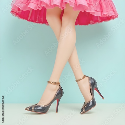 Legs of doll crossed against pastel background.Female fashion and shoe store idea.High-heel female shoes.



